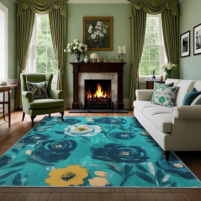 6x9 Camellia Floral Rugs, Modern Washable Flower Pattern Area Rug for Bedroom, Soft Large Non-Slip Kitchen Carpet Floor Door Mat for Living Room Dining Room Office - Teal