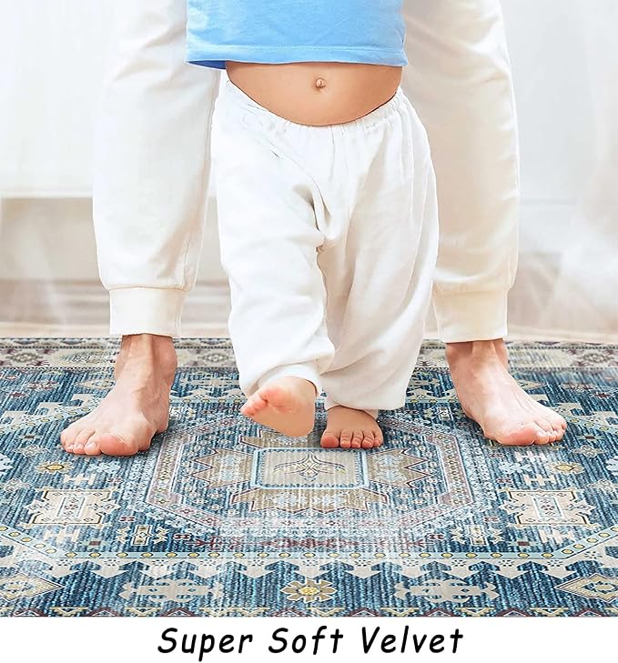 vivorug Blue 5x7 Area Rugs - Ultra-Thin Washable Rug with Non-Slip Backing, Ideal for Living Room, Bedroom, Dining Room Indoor - Vintage, Easy Clean, Durable, Low Pile Rug