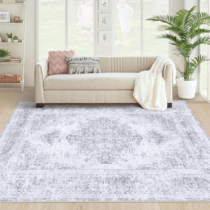 Area Rug 4x6 Vintage Rug, Machine Washable Vintage Distressed Medallion Rug Non-Slip Soft Low Pile Large Indoor Rugs for Bedroom Kitchen Dining Room Office(LightGrey,4'x6')