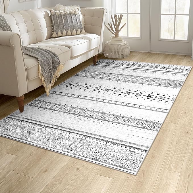 BESTSWEETIE 3x5 Area Rugs for Living Room Washable Moroccan Farmhouse Neutral Geometric Low Pile Non-Slip Soft Print Pattern Rug for Bedroom Kitchen Dining Room Entryway Grey/Black/Navy