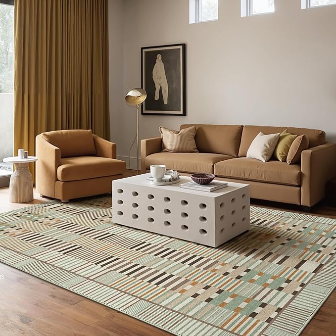 GENIMO Machine Washable 5x7 Area Rugs for Living Room, Non Slip Vintage Rugs, Low Pile Lightweight Chenille Print Rug for Bedroom, Dining Room, Home Office, Taupe Sage