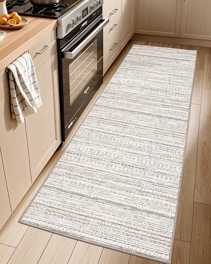 LUMI Washable Rug, 23x59 Kitchen Rugs for Entryway Bathroom, Non-Slip Indoor Door Mat Ultra-Thin, Small Oriental Throw Carpet for Bedroom Entry Office, White and Brown
