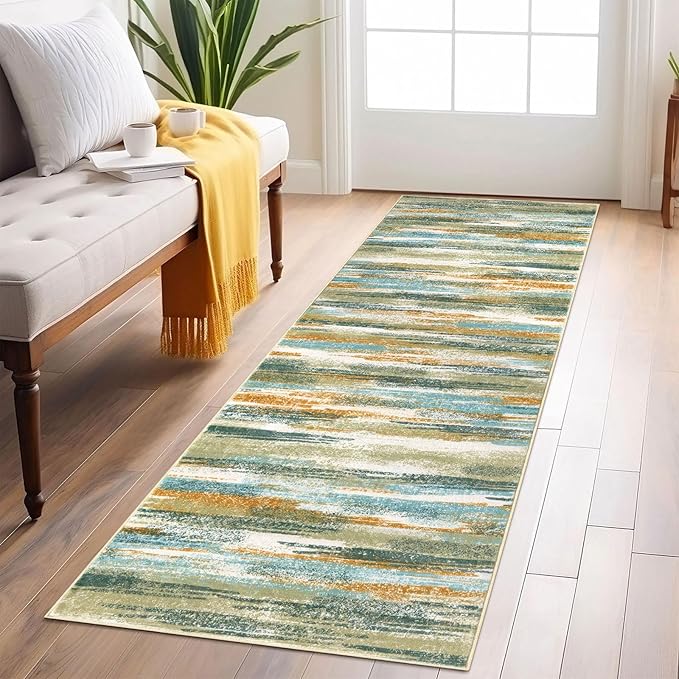 Modern Abstract Runner Rug 2x6, Green Mustard Multi Washable Kitchen Runner Non-Slip Soft Hallway Rug Runner Thin Print Faux Wool Carpet for Entryway Bedroom Laundry Room Indoor Home Decor