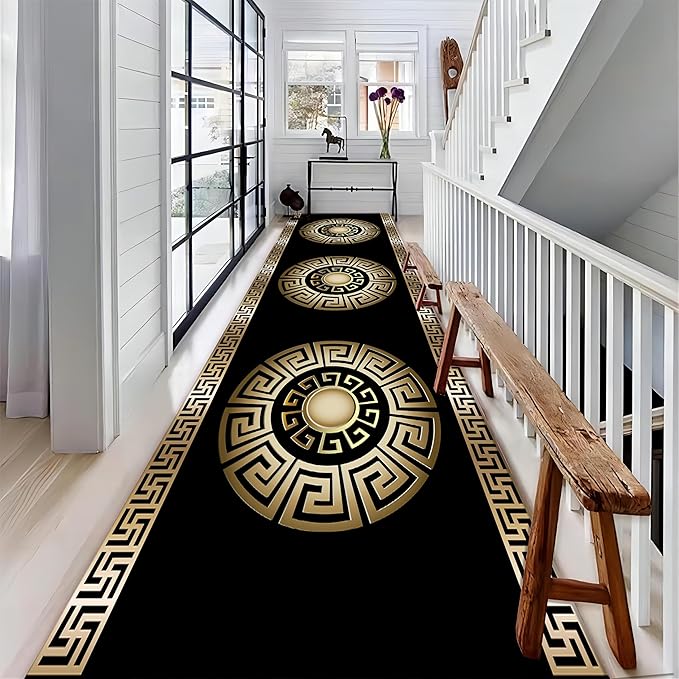 Black Gold Geometric Hallway Runner Rug, 4x12ft, Vintage Greek Key Entryway Carpet, Baroque Style Pattern Machine Washable Carpets, Durable Non-Shedding Non-Slip Rugs for Dorm Nursery