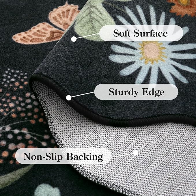 Lahome Floral Runner Rug for Hallways, 2'6''x8' Kitchen Runner Non Slip, Soft Washable Hallway Rugs with Rubber Backing Carpet for Laundry Bedroom Bathroom(Black/Grey)