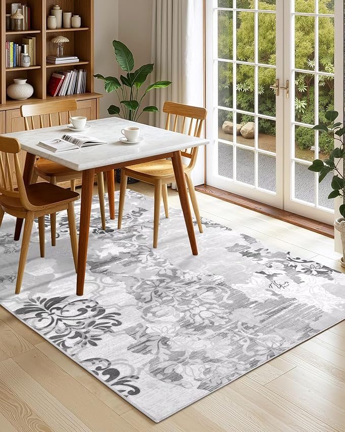 Washable Abstract Rug, 9x12 Classic Grey and White Floral Area Rugs with Non-Slip Rubber Backed for Living Room, Low Pile Modern Throw Carpet Bedroom Dining Room Decor