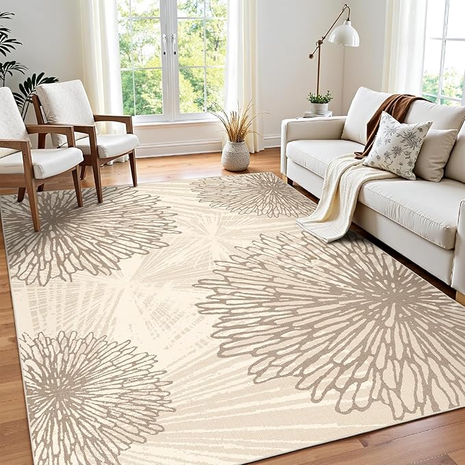 WITSHOCK 7x9 Area Rugs for Living Room: Beige Floral Washable Rugs for Bedroom Dining Room Office Nursery Modern Non-Slip Stain Resistant Low Pile Home Decor（Beige/Brown,7'x9'）