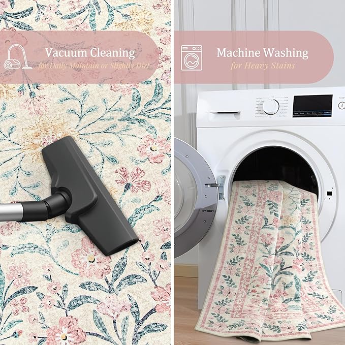 Morebes Floral Washable Light Pink Rug, Boho Machine Washable Area Rugs 8x10 for Nursery Girls Bedroom Non Slip, Soft Vintage Distressed Carpet for Living Room Dorm Home Office Decor