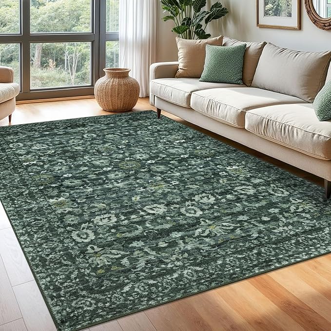 Vintage Floral 6x9 Rug, Dark Green Washable Area Rug for Bedroom, Non Slip Living Room Rug Thin Printed Faux Wool Super Soft Floor Carpet for Nursery Playroom Dining Room Indoor Office
