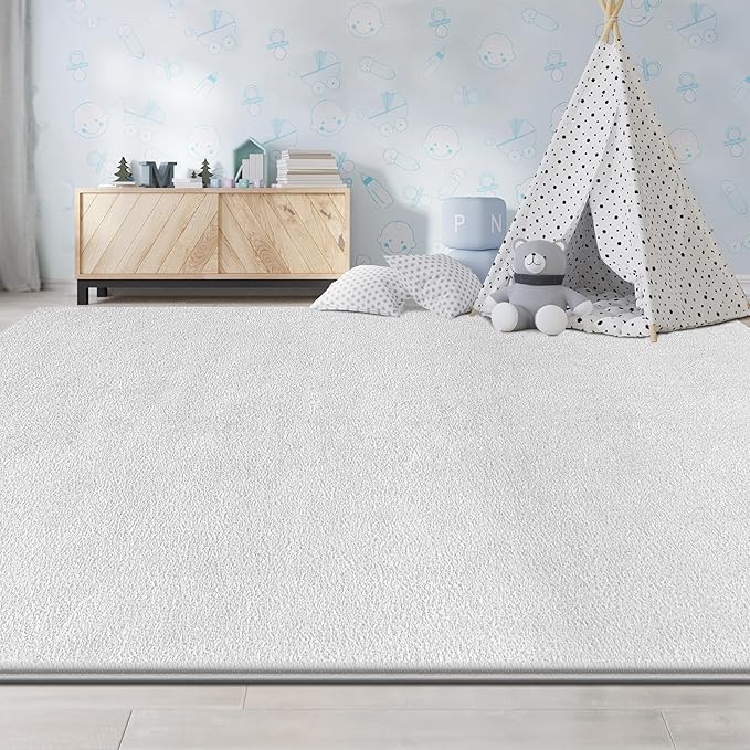 Large Area Rugs for Living Room Bedroom, 5x8 Feet White Rug, Minimalist Modern Shag Rug, Soft Thick Comfy Memory Foam Indoor Carpet, Non-Slip Washable Rug for Boys Girls Dorm Nursery Room Home Decor