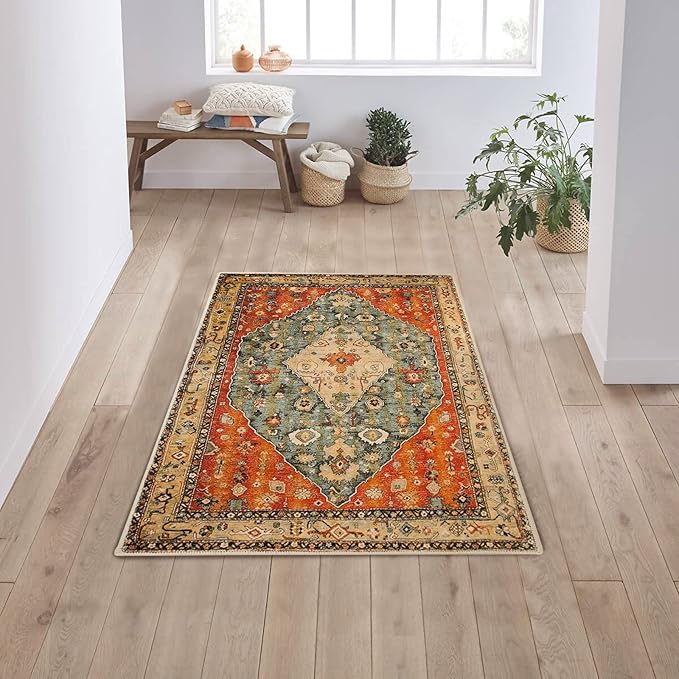 COMSLE Boho Area Rug, 2 x 3 Ft Washable Rugs for Entryway Faux Wool Small Rugs Distressed Throw Rug Non-Slip Floor Carpet for Indoor Bedroom Kitchen Living Room