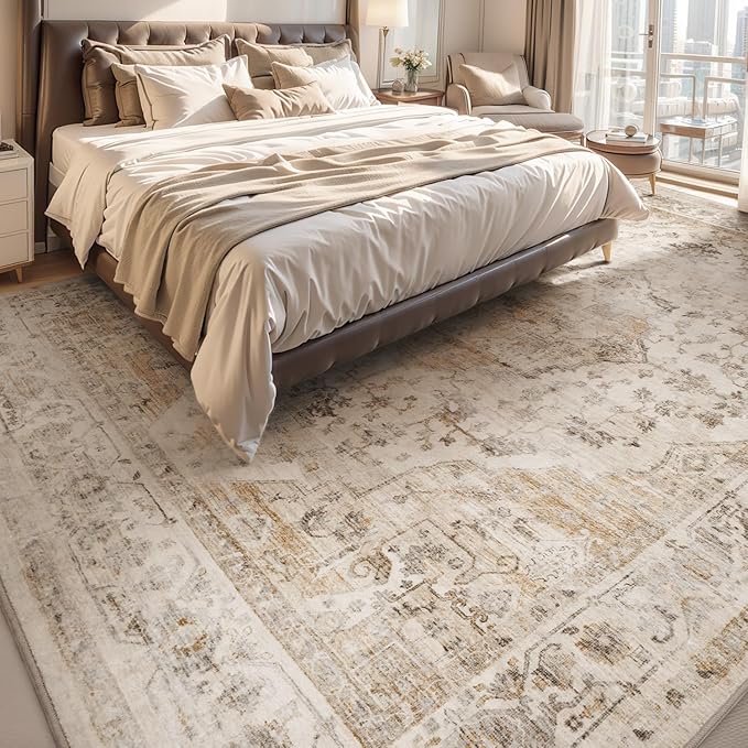 AMOAMI-Area Rug 5X7 Rugs for Living Room-Vintage Soft Beige Rugs for Bedroom-Non Slip Carpet-Machine Washable Rug for Dining Room Living Room Bedroom Office Under Table-Beige