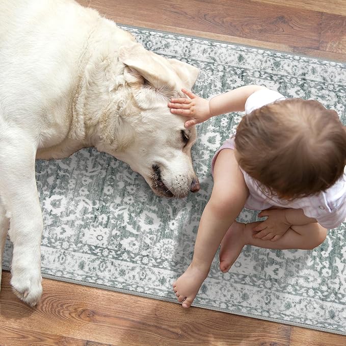 Vintage Floral 3x5 Rug, Sage Green White Entryway Rug Small Area Rug Washable Non-Slip Throw Rug, Thin Printed Faux Wool Low-Pile Kitchen Rugs Super Soft Capet for Entrance Bedroom Office