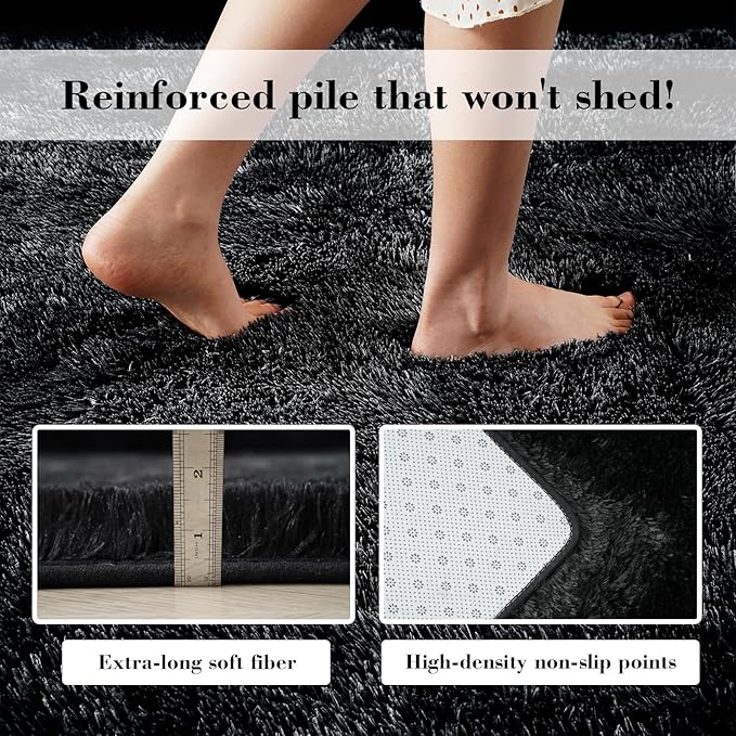 Fluffy Rug Shaggy Area Rug, Black 6x9 Area Rugs for Living Room, Large Shag Area Rugs for Bedroom Kids Room Home Decor, Upgrade Anti-Skid Rectangular Fuzzy Rugs
