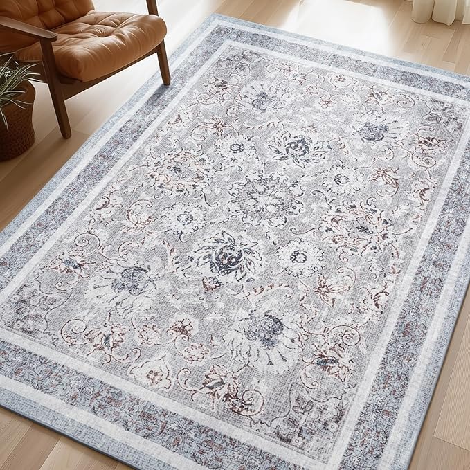 Phantoscope Washable Area Rug 9'x12' Non-Slip, Vintage Neutral Rugs for Living Room, Bedroom, Dining Room, Distressed Boho Floral Medallion Pattern, Low-Pile Foldable Floor Carpet, Light Grey/Neutral