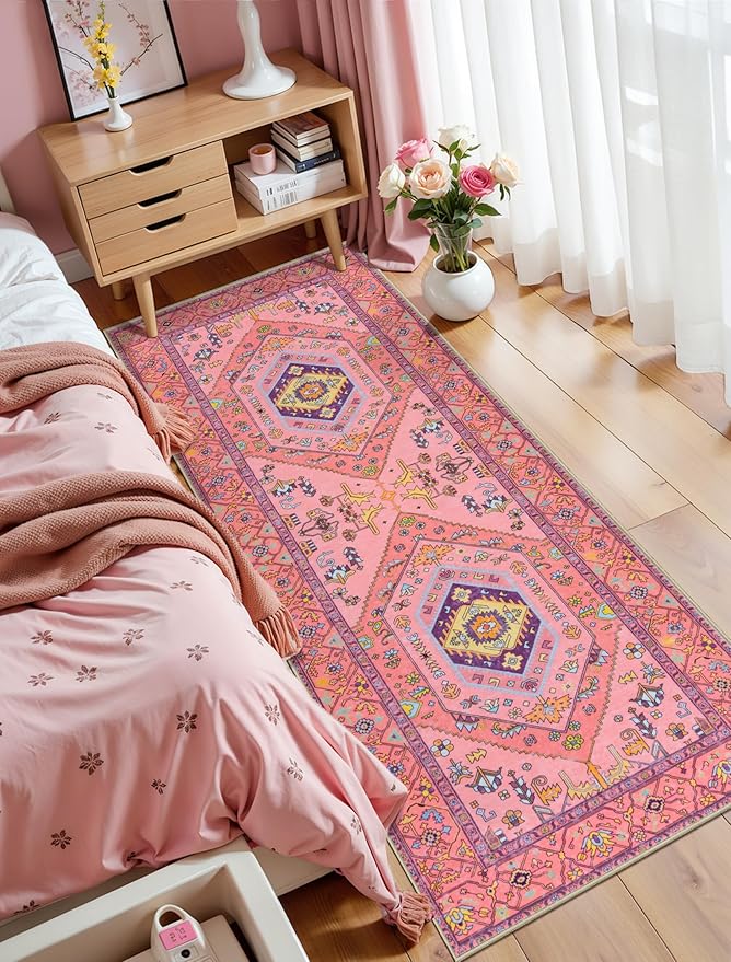SERISSA Washable Kitchen Runner Rug, 2x5 Non-Slip Fuchsia Pink Runner Rugs for Hallway, Ultra Soft Cute Boho Aesthetic Low-Pile Floor Carpet for Bedroom Bathroom Laundry Living Room