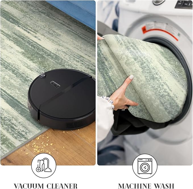 Modern Abstract Runner Rug 2x6, Sage Green Grey Washable Entryway Runner Non-Slip Soft Hallway Rug Runner Thin Print Faux Wool Carpet for Kitchen Bedroom Laundry Room Indoor