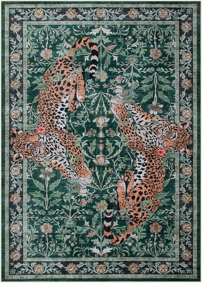 Moynesa Leopard 5x7 Area Rug, Boho Washable Living Room Rug, Non Slip Rugs for Bedroom, Ultra Thin Soft Animal Print Throw Floor Carpet for Office Dining Room, Green