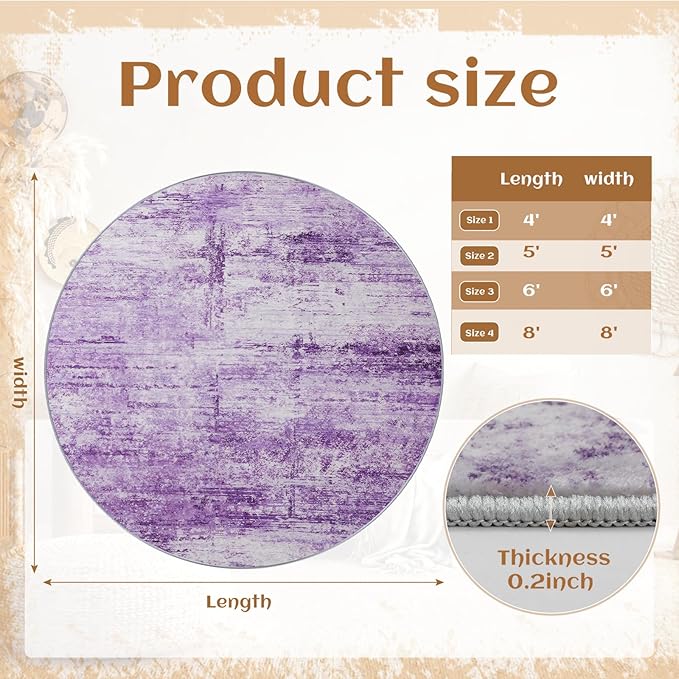 Round 5ft Abstract Rug, Modern Washable Indoor Circle Area Rugs for Living Room, Soft Circular Non-Slip Carpet Floor Mat for Entryway Dining Room Home Office - Abstract Purple