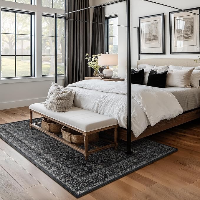 Charcoal Black Area Rug 6x9, Vintage Earth Tone Dark Rugs for Living Room Bedroom, Washable Non Slip Low Pile Thin Carpet Rug for Dining Room Guest Room Home Office