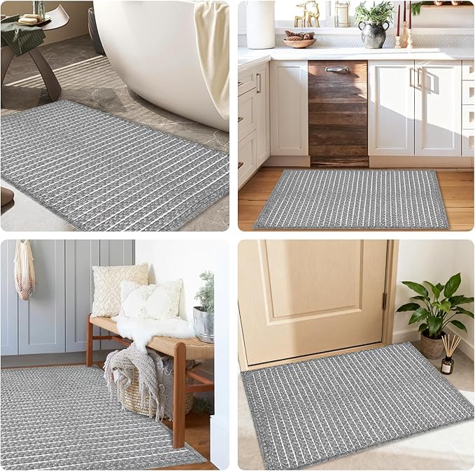 Small Bathroom Rugs,18"x30" Non Slip Grey Braided Bath Mat for Bathroom Floor,Washable Luxury Bath Rug for Tub Soft Boho Absorbent Shower Mat