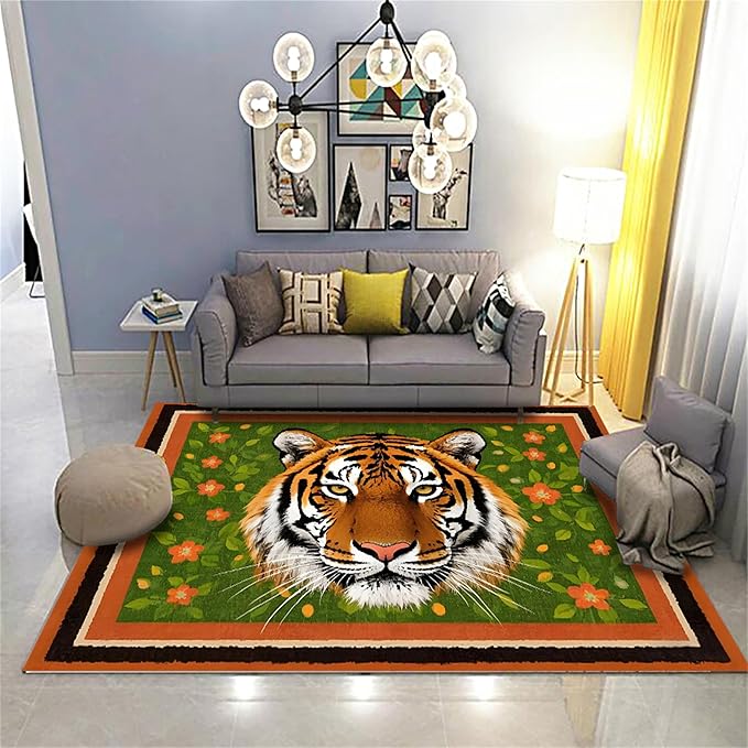 Tiger Print Rug,5x6ft,The Tiger is Surrounded by Orange and Green Floral Patterns. This Rug is Suitable for Boys and Girls' Bedrooms，Anti-Slip Carpet Suitable for Living Room Bedroom Home Decoration