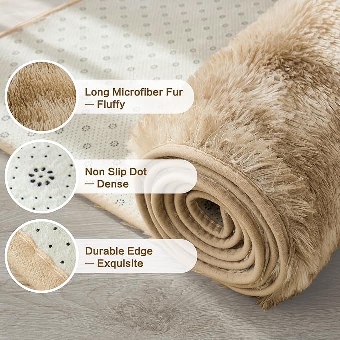 Andency 6x9 Area Rugs, Large Shag Fluffy Soft Shaggy Rugs for Living Room Bedroom, Non-Slip Tie-Dyed Khaki Thick Plush Carpet for Kids Girls and Boys, Dorm Nursery Home Decor Aesthetic