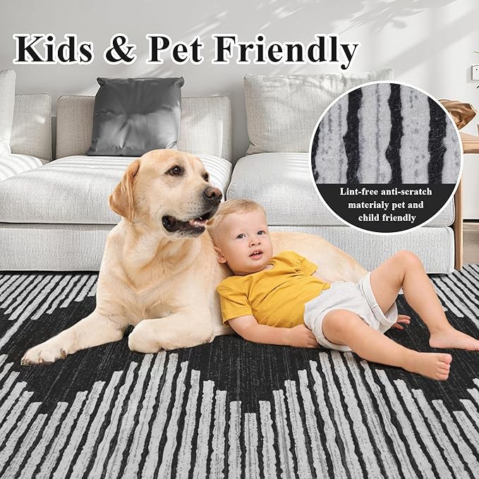 HelloTree Area Rug for Living Room 8x10 Washable Geometric Moroccan Rug Stripe Farmhouse Bohemian Minimalistic Non Slip Non Shedding Ultra Thin Soft Rug for Bedroom Office DiningRoom Nursery-Black