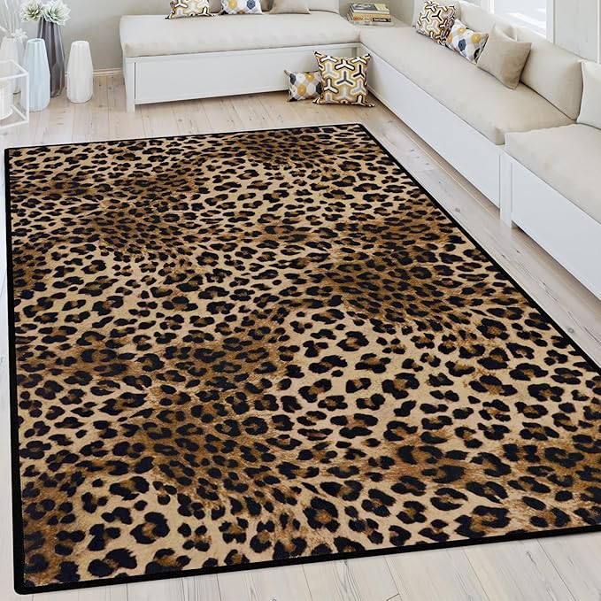 Leopard Rug 5x7 Washable Animal Print Rug Living Room Large Carpet Soft Non-Slip, Non-Shedding Brown Carpet for Office Dormitory Bedroom