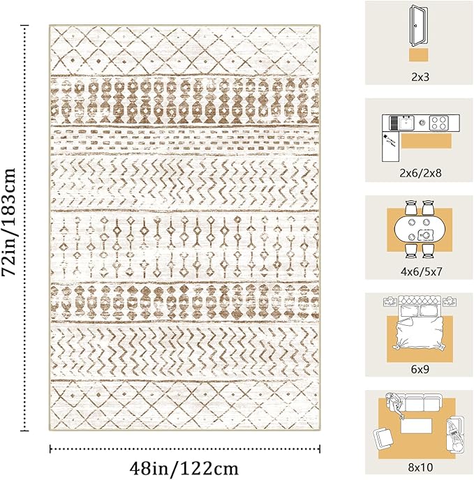 4x6 Machine Washable Area Rug for Living Room, Brown White Vintage Moroccan Rug Large Non-Slip Low Pile Soft Faux Wool Carpet, Kids and Pets Friendly for Bedroom Dining Room Farmhouse Home Decor Rug