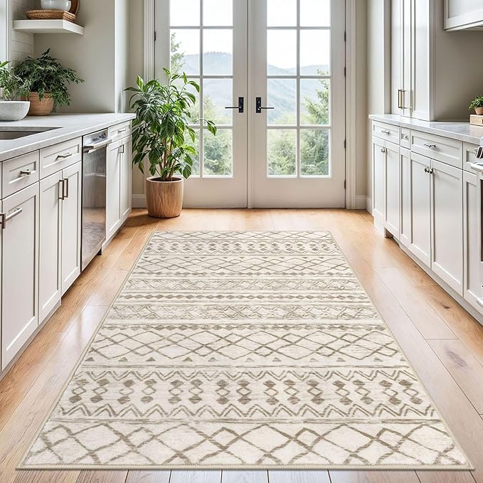 KUTA Area Rug 4x6 Boho, Moroccan Washable Rugs for Living Room Non Slip, Beige Ultra Soft Print Distressed Geometric Low-Pile Throw Carpet for Bedroom Nursery Dorm Decor