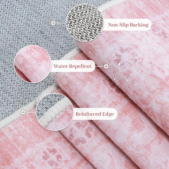 LIVEBOX Pink Area Rug 5x7, Vintage Living Room Rug Machine Washable Area Rugs, Pink Rugs for Bedroom Girls, Indoor Carpet for Dining Room Nursery Dorm Home Decor