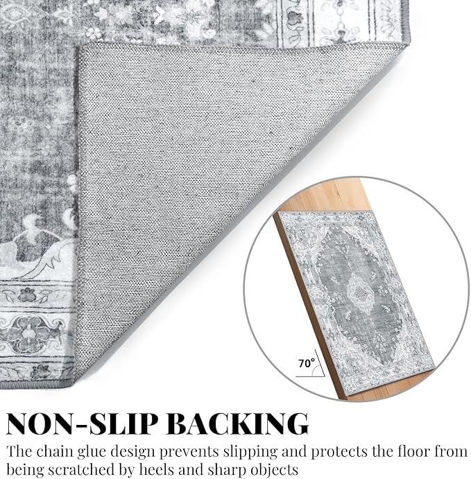 MUJOO Area Rugs 5'x7'Grey,Boho Rug for Bedroom Living Room Dining Room, Large Machine Washable Non Slip Carpet Vintage Bohemian Distressed Farmhouse,Floral