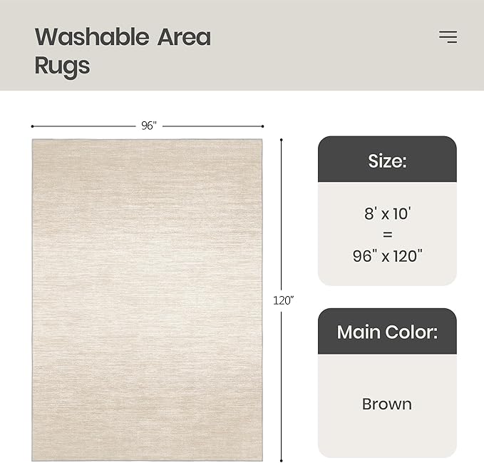 Valenrug Washable Rugs 8x10 - Stain Resistant 8x10 Area Rugs for Living Room, Non Slip Backing Gradient Printed Rugs for Bedroom, Folable Machine Washable Area Rug (8'x10', Brown)