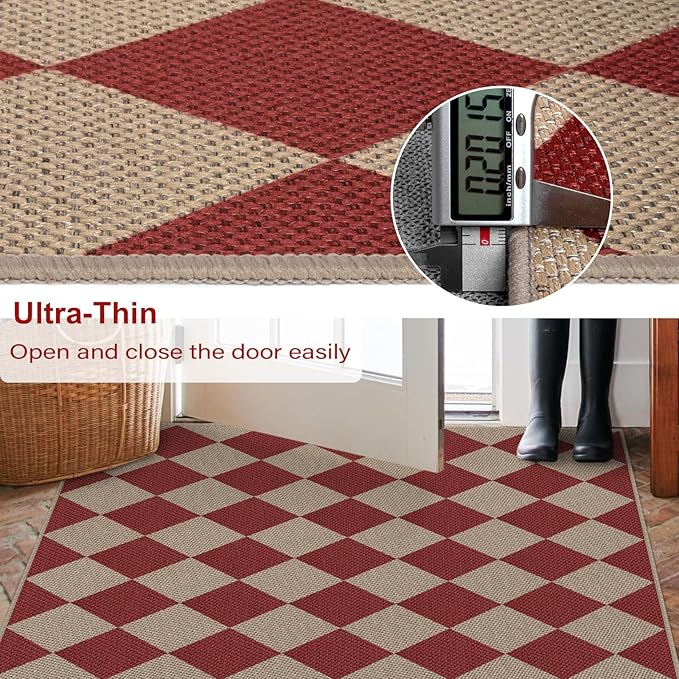 Easy Jute Checkered Christmas Rug, 2x3 Modern Red Xmas Indoor Outdoor Doormat, Washable Non-Slip Neutral Small Kitchen Rug Farmhouse Diamond Throw Rugs for Entrance Bedroom Bathroom