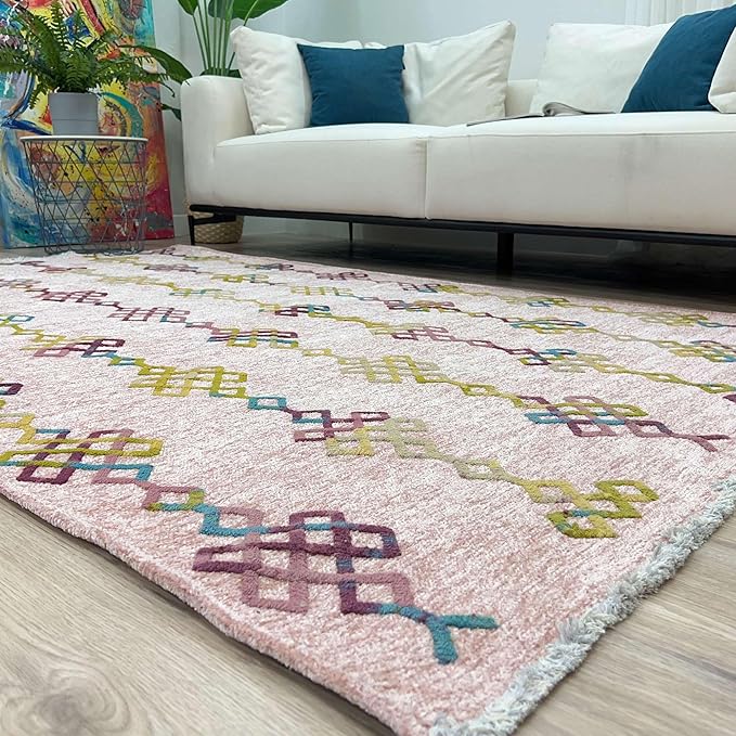 Alfa Rich 5x8 Light Pink Washable Area Rugs for Living Room Bedroom Kitchen Girls Decor Cotton Rug