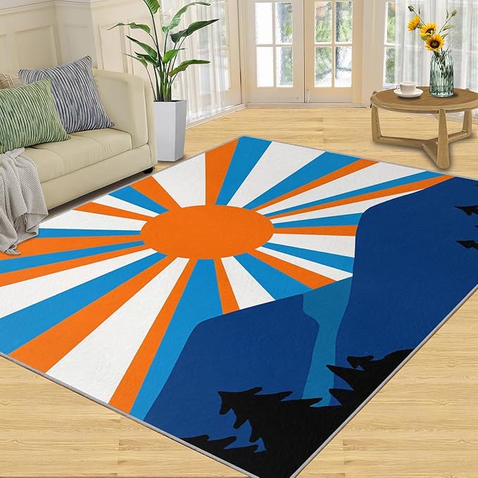 Boho Sun Runner Rugs 3x6ft, Abstraction Deco Bedside Rug, Minimalist Sunburst Laundry Rug with Non Slip Backing for Bedroom Kitchen Sink Front Door Entryway Indoor