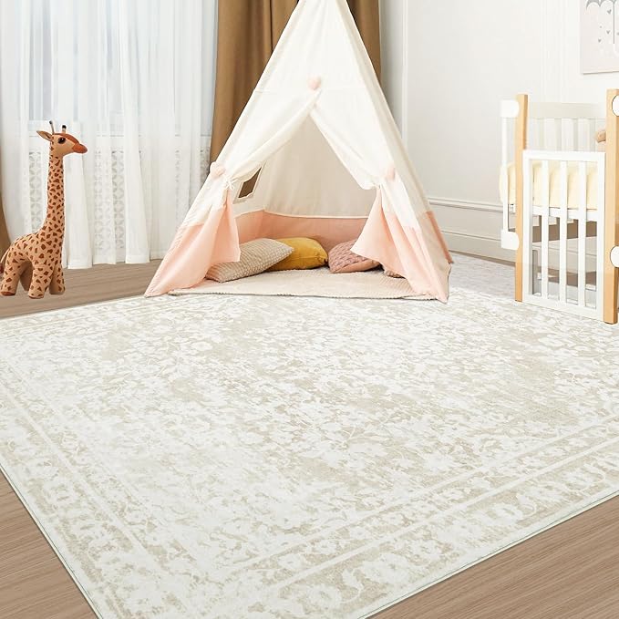Vintage Living Room Area Rug - 5x7 Large Machine Washable Boho Area Rug Distressed Floral Rugs for Bedroom, Soft Non-Slip Indoor Floor Accent Rugs for Office Dining Room (Cream Beige, 5'x7')