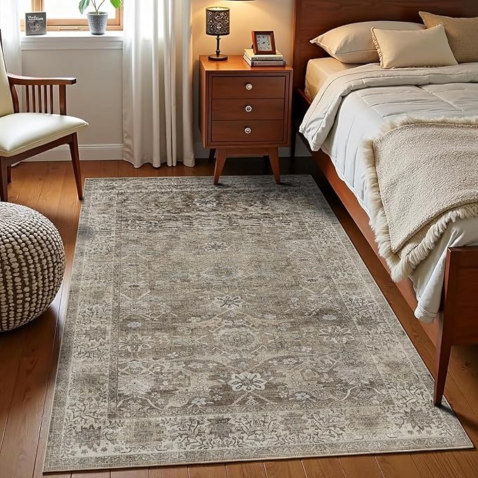 4x6 Washable Rug for Living Room Bedroom Dining Room Non-Slip Low Pile Vintage Distressed Entryway Rug Traditional Floral Retro Accent Throw Carpet for Dining Room Bathroom Kitchen Antique/Moss