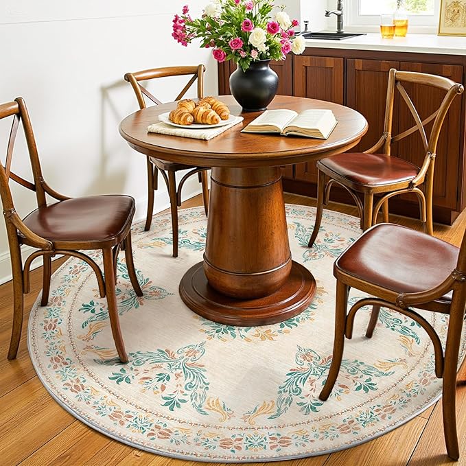 jinchan Round Rug 6ft Area Rugs Vintage Floral Distressed Design, Machine Washable Soft Non-Slip Low-Pile Ultra-Thin Circle Rug for Bedside Living Room Dining Room Bedroom (6' Round, Apricot Multi)