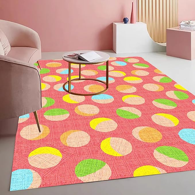 Retro Pink Yellow Green Polka Dot Texture Rug 5x8 Non Slip Washable Soft Area Rugs for Living Room Bedroom Nursery Room Stain Resistant Large Home Office Playroom Indoor Carpet