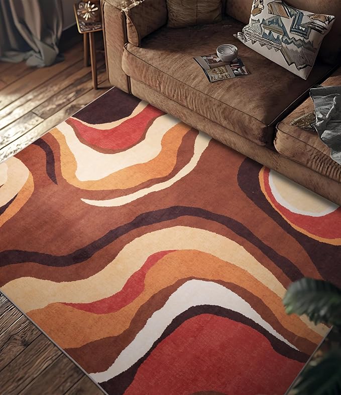 YIHOUSE Burnt Orange Rug 3x5 Washable,Farmhouse Brown Retro Carpets,Geometric Abstract Wavy Rug for Bedroom,Unique Colorful Rugs for Living Room,Dining Room,Bedside Rugs
