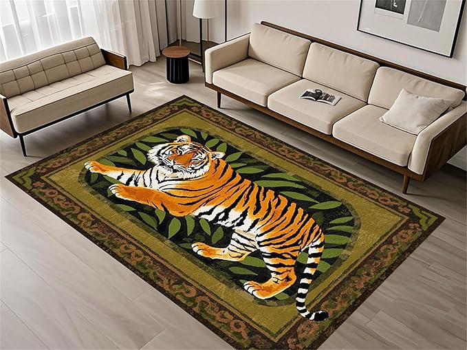 Tiger Area Rug,5x6ft, Tiger Print Rug,Tiger Themed Stylish Rug, Bohemian Vintage Tiger Print Rug, Non-Slip Washable Rug for Living Room Bedroom Dining Room Kids Room Decoration