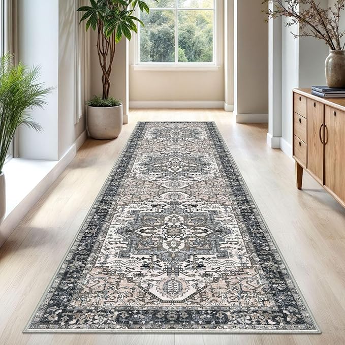 KOZYFLY Long Runners for Hallways 3x10 Ft Washable Kitchen Rug Faux Wool Printed Stair Runner Floor Carpet for Bedroom Entryway Stairs Kitchen Hall Indoor Use, Black/Taupe/Beige