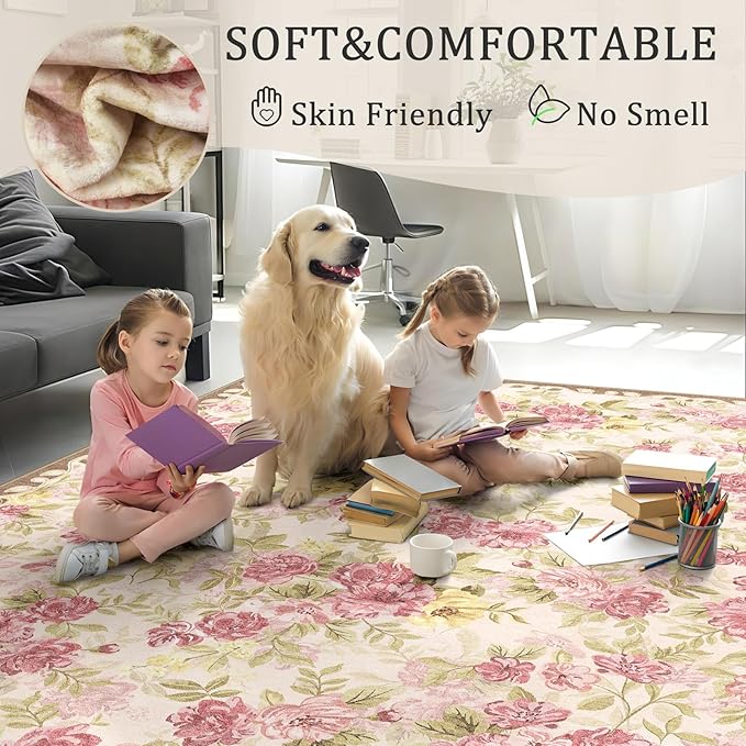 4ft Round Machine Washable Area Rug for Living Room, Pink Vintage Boho Floral Rug Large Non-Slip Low Pile Soft Faux Wool Carpet, Kids and Pets Friendly for Bedroom Nursery Farmhouse Home Decor Rug
