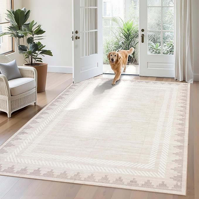 Geometric Bordered Machine Washable 9x12 Low Pile Area Rugs for Living Room Large Non Slip Soft Indoor Carpet Foldable Stain Resistant Non-Shedding Beroom Dining Room Rugs, Beige