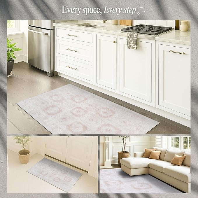 Fame Rugs Turkish Rug. Washable Vintage Oriental Antique Inspired Traditional Doormat Small Modern Area Rugs Luxury Entryway Entry Bedroom Bathroom Kitchen (405CB, 2'5 x 9'8)