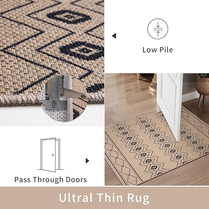 Tangsoo Easy Jute 2x3 Outdoor Rug,Non Slip Small Machine Washable Rug for Entryway,Ultra Thin Mat Boho Non Shedding Indoor Capet for Kitchen Bedroom Front Door Entrance