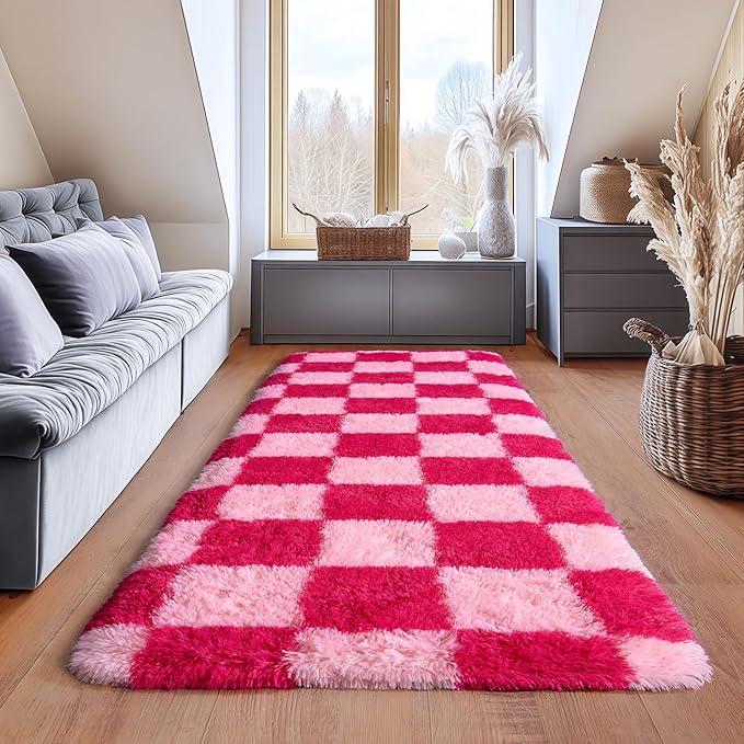 Fluffy Area Rugs for Living Room, Soft Shaggy Carpets for Living Room, Upgrade Anti-Slip Fuzzy Rugs for Kids' Room, Perfect Decor for Modern Home Hot Pink Grid 2x6 Feet