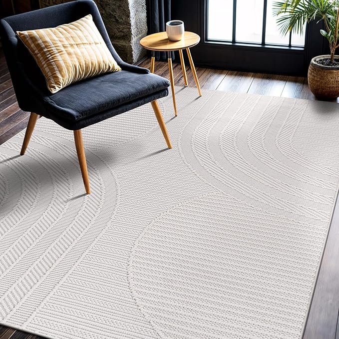 CAMILSON Micro Loop Rug 6x9 Modern Luxury Geometric Arch Area Rugs Soft High and Low Pile Stain Resistant Easy-Cleaning Non-Shedding for Living Room Office Indoor Carpet (6 x 9 / White)